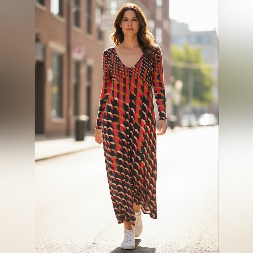 Soft Surroundings Colorful Geometric V-Neck Long Sleeve Maxi Dress Women Size M - Picture 1 of 8